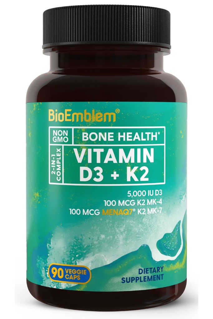 BioEmblem Vitamine D3 K2 Capsules (5000IU en 200mcg) - Gepatenteerde MK7 en MK4 voor 3-in-1 Complex Support - Vegetarische Vitamine D K2 Supplement voor tanden, hart, immuunsysteem - Non-GMO, 90 Caps