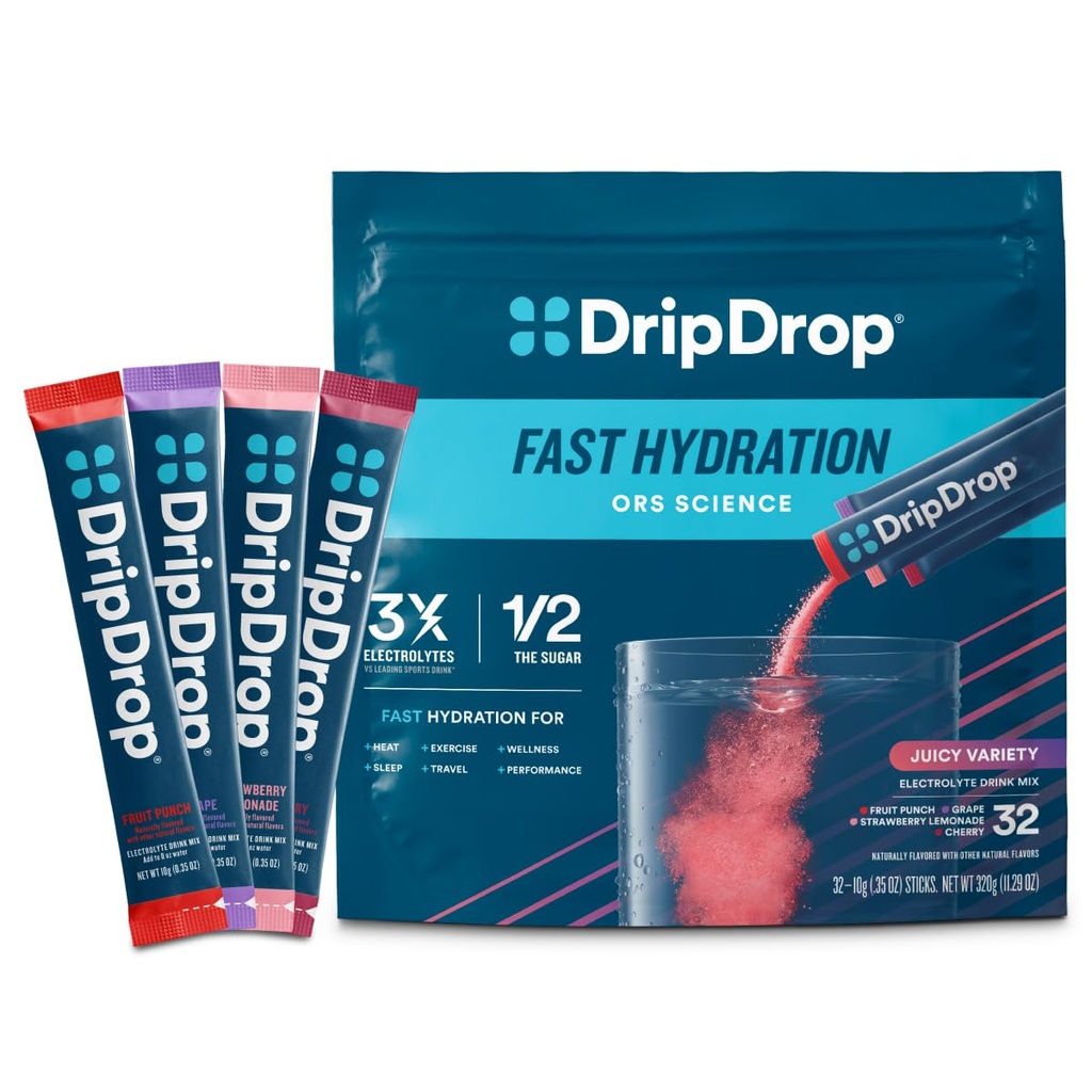 DripDrop Hydration Packets - Sappige Variety Pack - Single Serve Electrolytes Powder Drink Mix - Grape, Fruit Punch, Aardbei Lemonade, Cherry - Non-GMO, Glutenvrij, Veganistisch - 32 Sticks