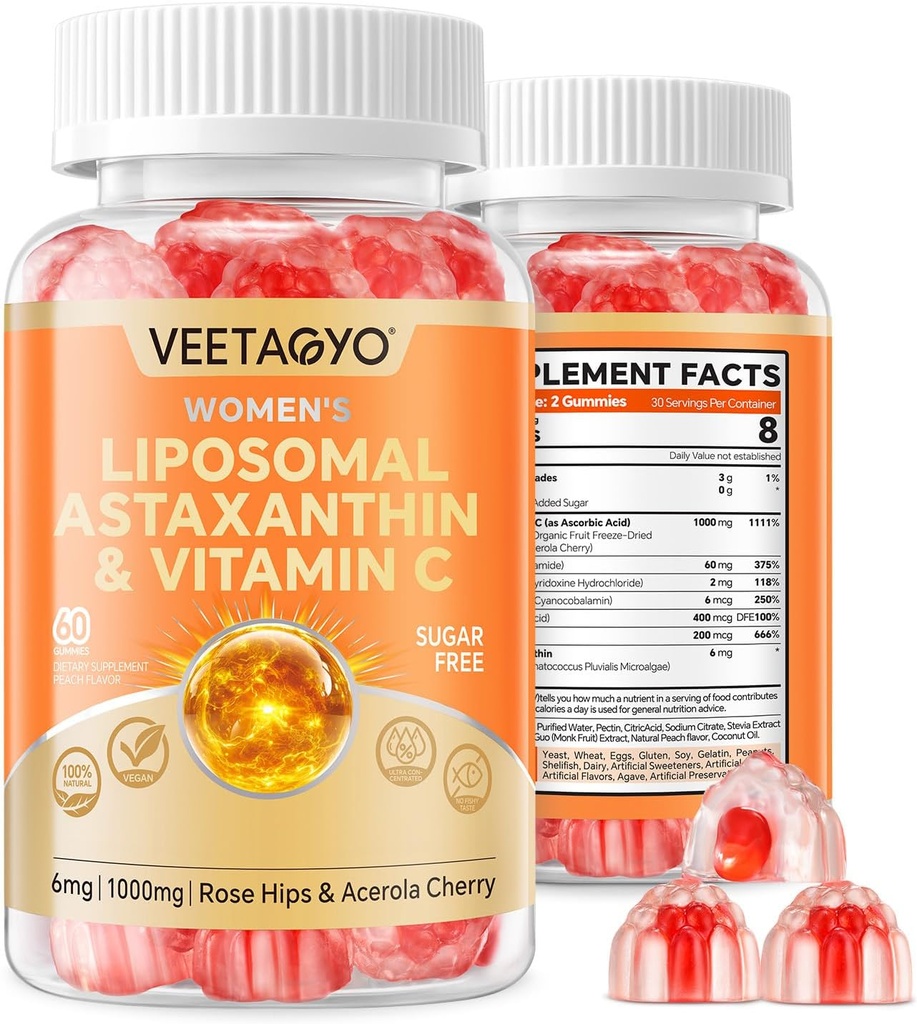 Suppléments d'astaxanthine 6mg + vitamine liposomique C 1000mg - double couche - Niacine B6,B12,Folat,Biotine - Antioxydants - Sans gélatine,Sans sucre,60Cts