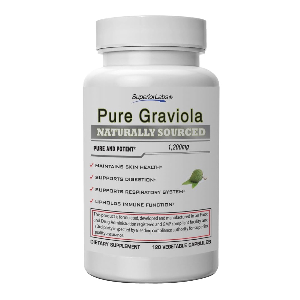 Superior Labs Graviola 1200mg, Pure Natural Non-GMO Herbal Antioxidant, Immune & Respiratory Support, Promotes Healthy Skin, Cell Growth & Balanced Mood, High-Potency Extract, 120 Veg Capsules