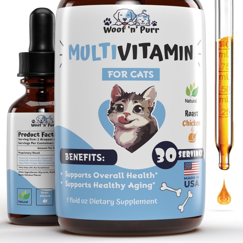 Multivitamines de chat - Promotion de la santé de la peau et du manteau, soutien articulaire, longévité et plus - Vitamines de chat - Suppléments et vitamines de chat - Vitamines de chat pour chats à l'intérieur - Vitamines de chat - Soutien immunitaire de chat - 1oz