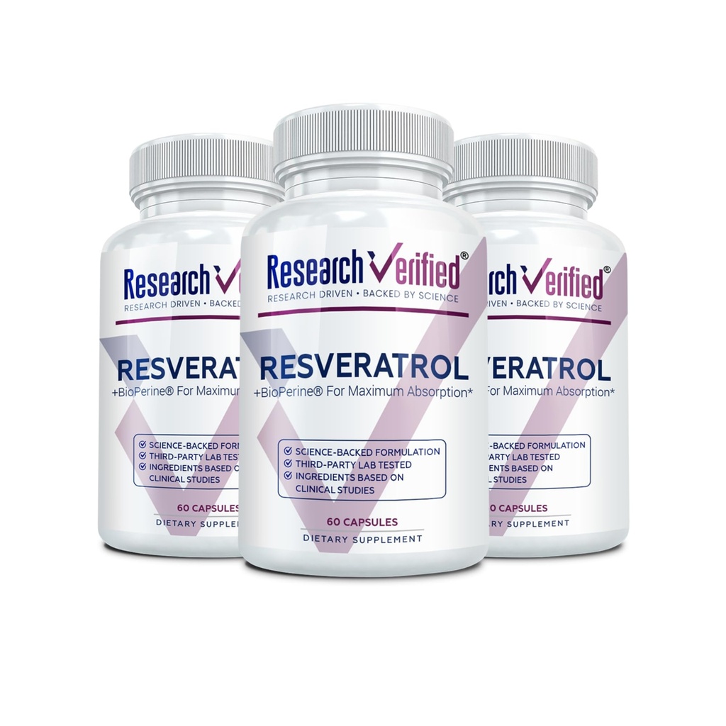 Onderzoek Geverifieerde Resveratrol - 98% Trans-Resveratrol 1000 mg, Anti-Aging Ondersteuning - 60 capsules per fles - 3 flessen