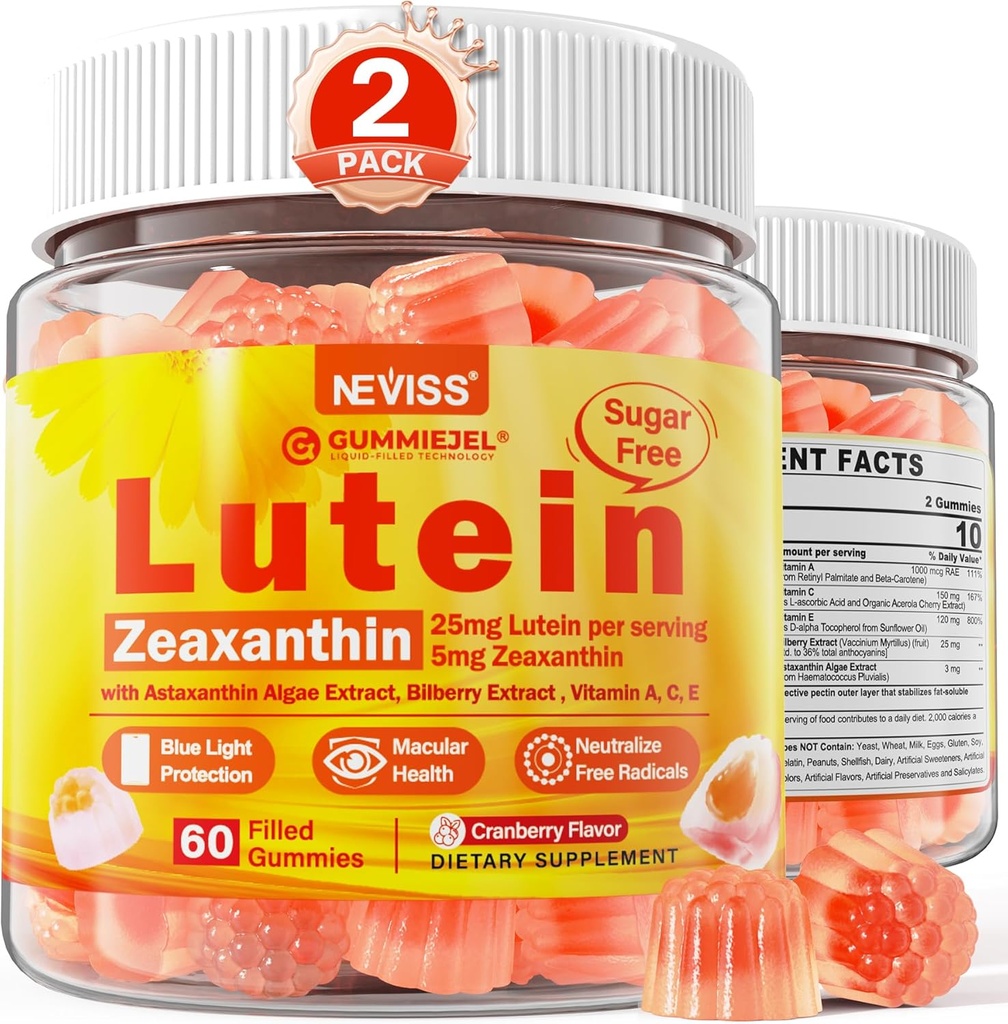 2 Pack Luteïne en Zeaxanthine Supplementen Gummies (25mg) Vitaminen A, C, E, Blauwe bosbessen, Astaxanthine - Kokosolie voor betere absorptie - voor volwassenen en tieners Vision, Eye, Brain, Skin - Vegan, Sugar Free