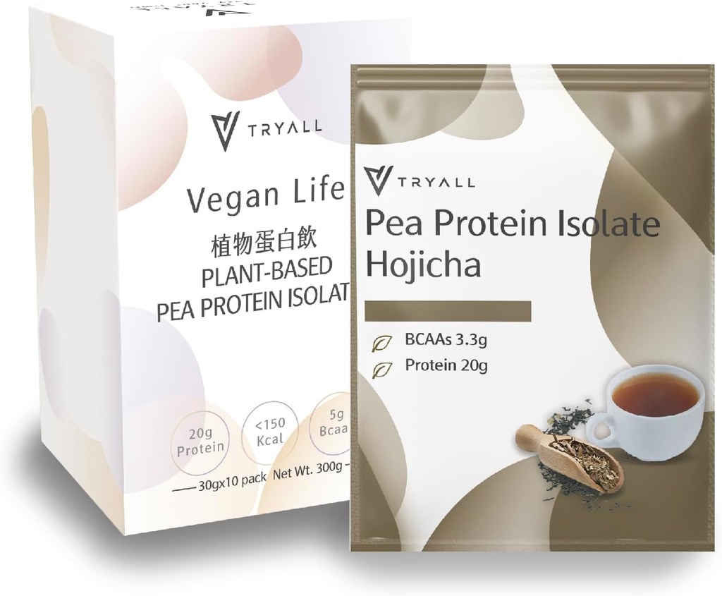 TRYALL Plant Based Pea Protein Powder Isolaat (20 g eiwit) Travel Sachets (Hojicha, 10 verpakkingen)