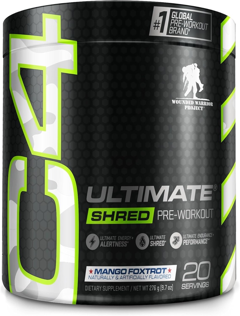 Cellucor C4 Ultimate Shred x Wounded Warrior Project Pre Workout Powder, Fat Burner for Men & Women, Weight Loss Supplement with Ginger Root Extract, Mango Foxtrot, 20 Servers (pack of 1)