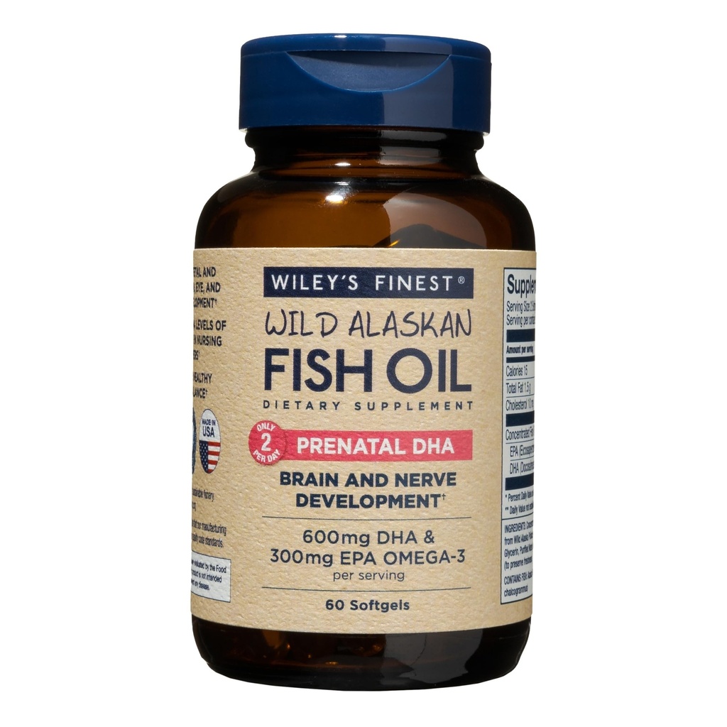 Wiley's Finest Wild Alaskan Fish Oil DHA prénatal - 900mg EPA et DHA Omega-3 pour les femmes enceintes et les mères allaitantes - 60 Softgels (30 portions de vitamines prénatales)