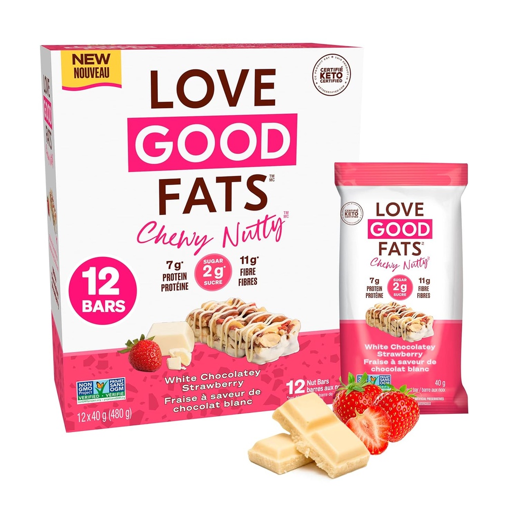 Love Good Fats Chewy Nutty White Chocolatey Strawberry Keto Bars - Low Carb Proteïne Snacks - 12 pack (1.59oz / 45g elke bar)