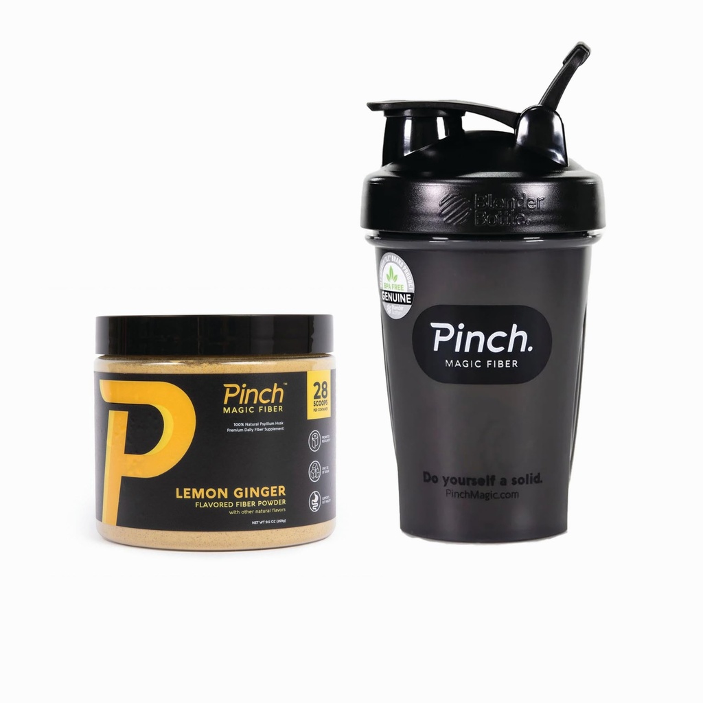 Pinch Magic Fiber & Shaker Combo | Prebiotic Psyllium Husk Fiber for Digestive Health, Keto, Vegan, Low Sugar | BPA-Free Shaker for Smooth Mixing, Travel-Friendly, Dishwasher Safe | 28-Day Supply