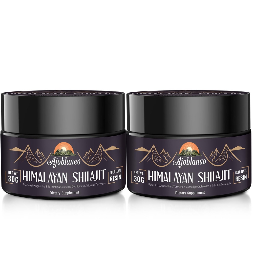 Ajoblanco 600mg Natural Himalaya Organic Shilajit Resin - Himalaya Gold Shilajit Resin met Organic Ayurvedic Blend in High Potency for Energy, Strength & Immunity, Pack of 2
