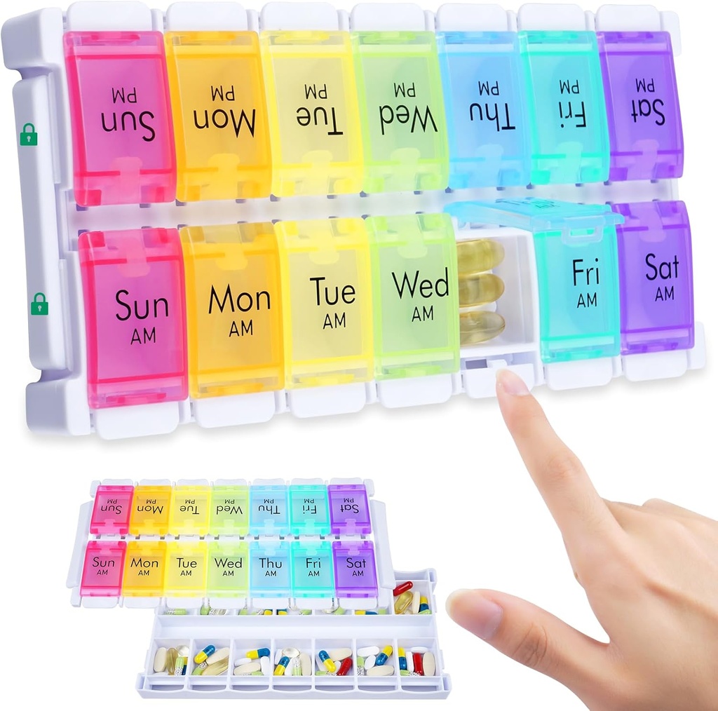 MERICARGO Organisateur de pilules hebdomadaires 2 fois par jour, remplissage facile Grande Pill Box 7 Jour, Am Pm Organisateur de médecine, Push Button Daily Pill Case pour la vitamine, huile de poisson, suppléments