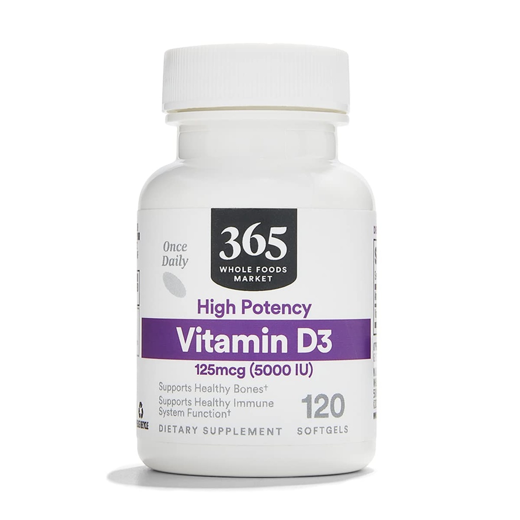 365 door Whole Foods Market, Vitamine D3 Softgels, 5000 IE, 120 CT