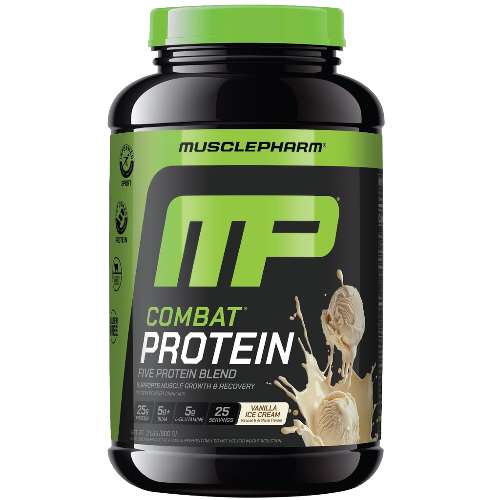MusclePharm Combat Protein Powder, Vanille smaak, Brandstof Spieren voor productieve workouts, 5 eiwitbronnen Inclusief Wei Protein Isolaat & Egg Albumine, Glutenvrij, 2 lb, 25 porties
