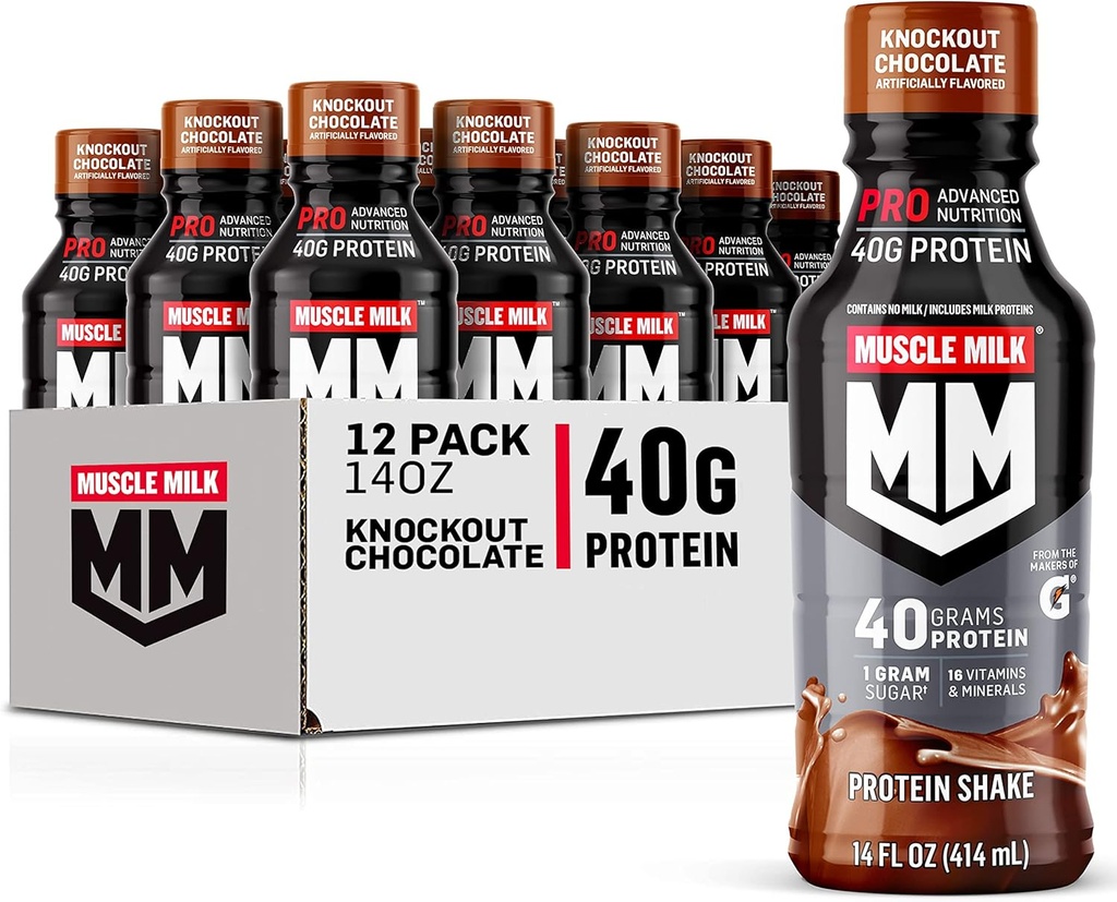 Muscle Milk Pro Advanced Nutrition Proteine Shake, Knockout Chocolate, 14 Fl Oz Bottle, 12 Pack, 40g Proteïne, 1g Suiker, 16 Vitaminen & Mineralen, 6g Vezel, Workout Herstel, Verpakking mei Vary