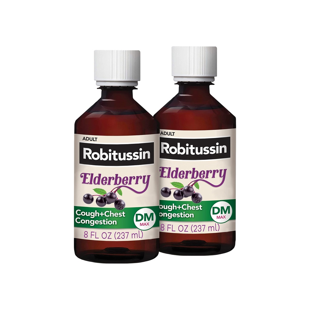 Robitussin Maximale sterkte Vlierbessen Hoest Plus Borstcongestie DM, Hoest Suppressant voor volwassenen, Het verstrekken van Niet Drowsy Liquid Cough en Borst Congestie Relief - 2x8 Fl Oz