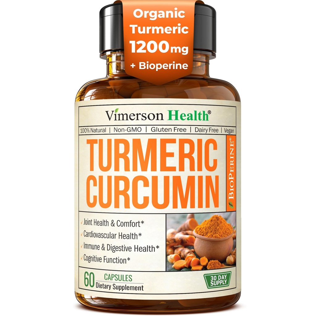 Kurkuma Curcumine Supplement met Black Pepper Extract - High Potency Biologische Kurkuma 1200mg & 95% Curcuminoïden voor Gezamenlijke & Digestieve Gezondheid - Gezamenlijke Ondersteuning Supplement - 60 Vegan Curcuma Capsules