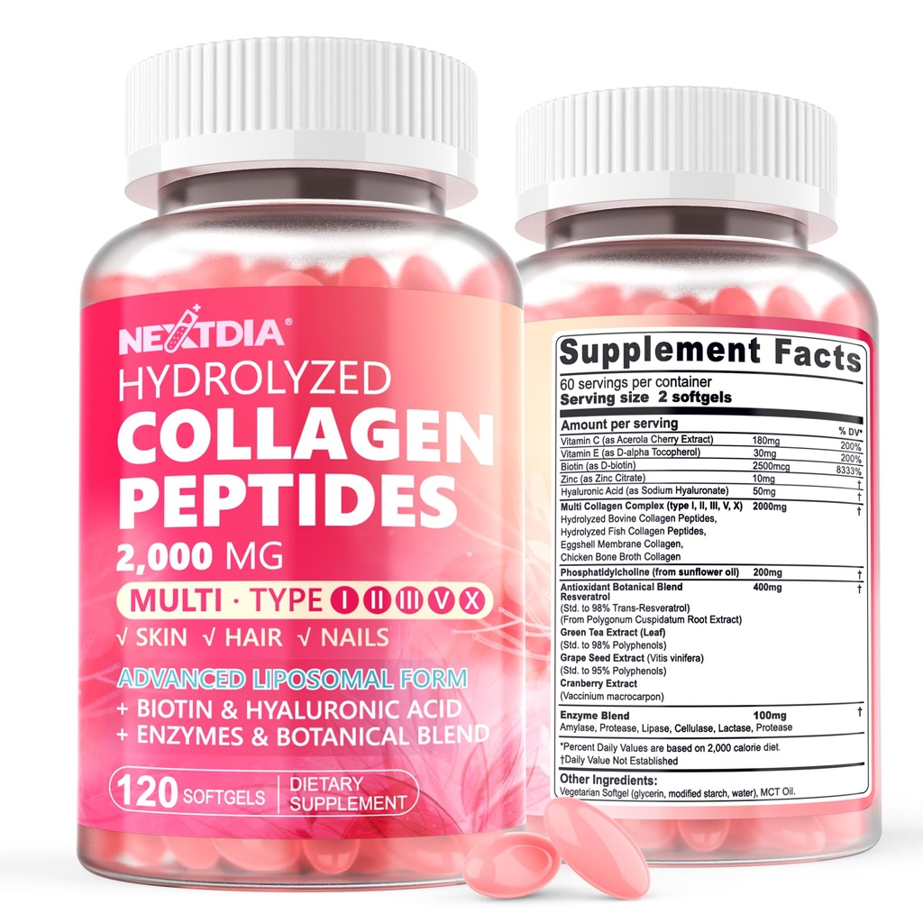 2 Pilules de collagène liposomique pour femmes 2000mg, Collagène Multi Hydrolysé Type I, II, III, V, X avec Biotine 2500mcg - Suppléments de collagène Softgels avec Vitamines cheveux, peau et ongles, 240 Cts