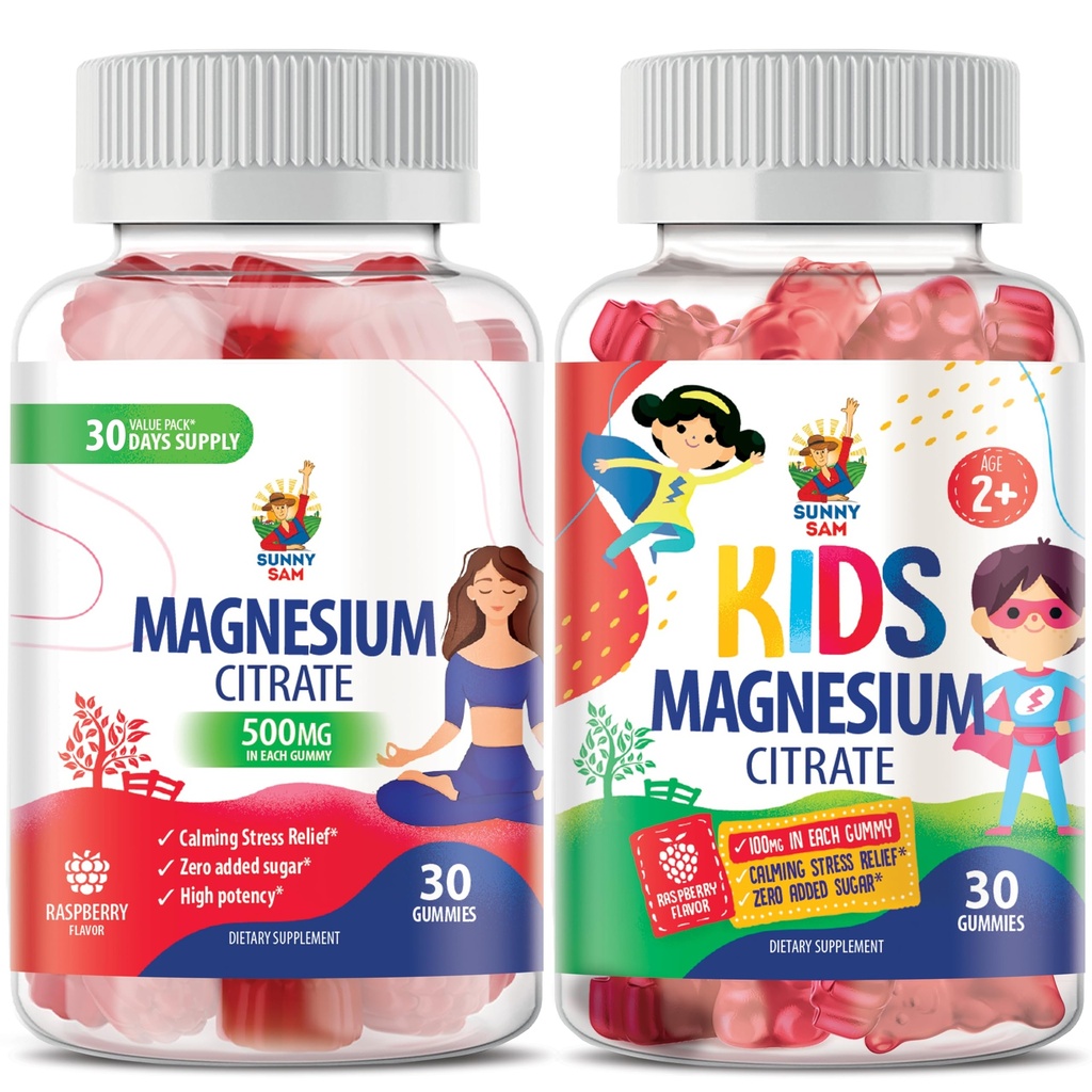 SUNNY SAM Magnesium Gummies for Kids 100mg and Magnesium Gummies for Adults - 500mg. Kalm Magnesium Kauwen - Magnesium Citrate Kauwbare Supplement voor Mood & Muscle Support