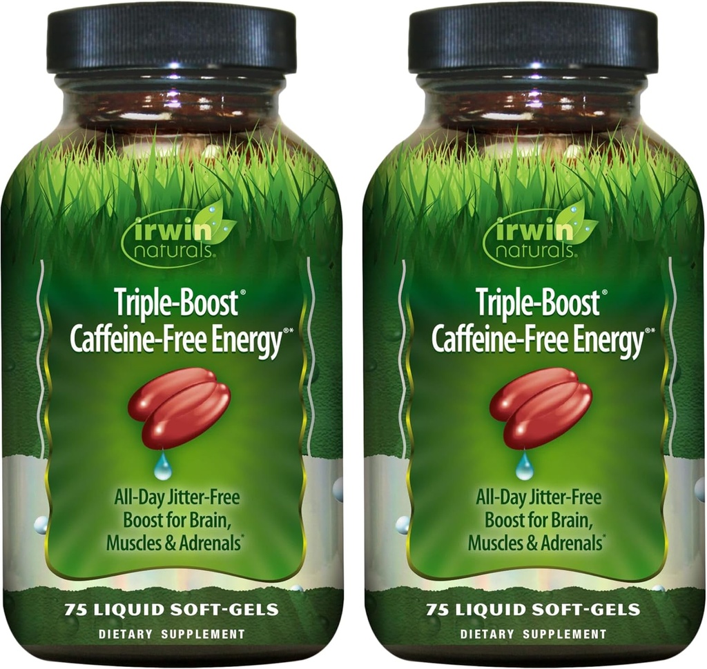 Irwin Naturals Triple-Boost Caffeine-Free Energy – 75 Liquid Soft-Gels – Adaptogenic Daily Energy Support - 2 Pack
