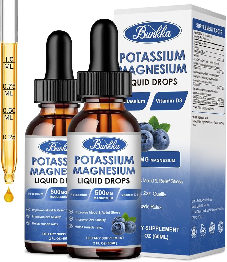 (2 verpakkingen) Kalium Magnesium Supplement vloeibaar met kalium, magnesium, Calcium, vitamine D3, zink, voor volwassenen en kinderen, suikervrij
