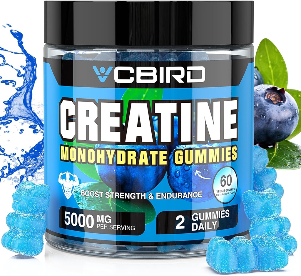 Creatine Monohydraat 5g per portie, Geen Sugar Creatine Supplementen Ondersteuning voor kracht, prestaties, energie, herstel, Glutenvrije Creatine voor vrouwen en mannen (60 Gummies)