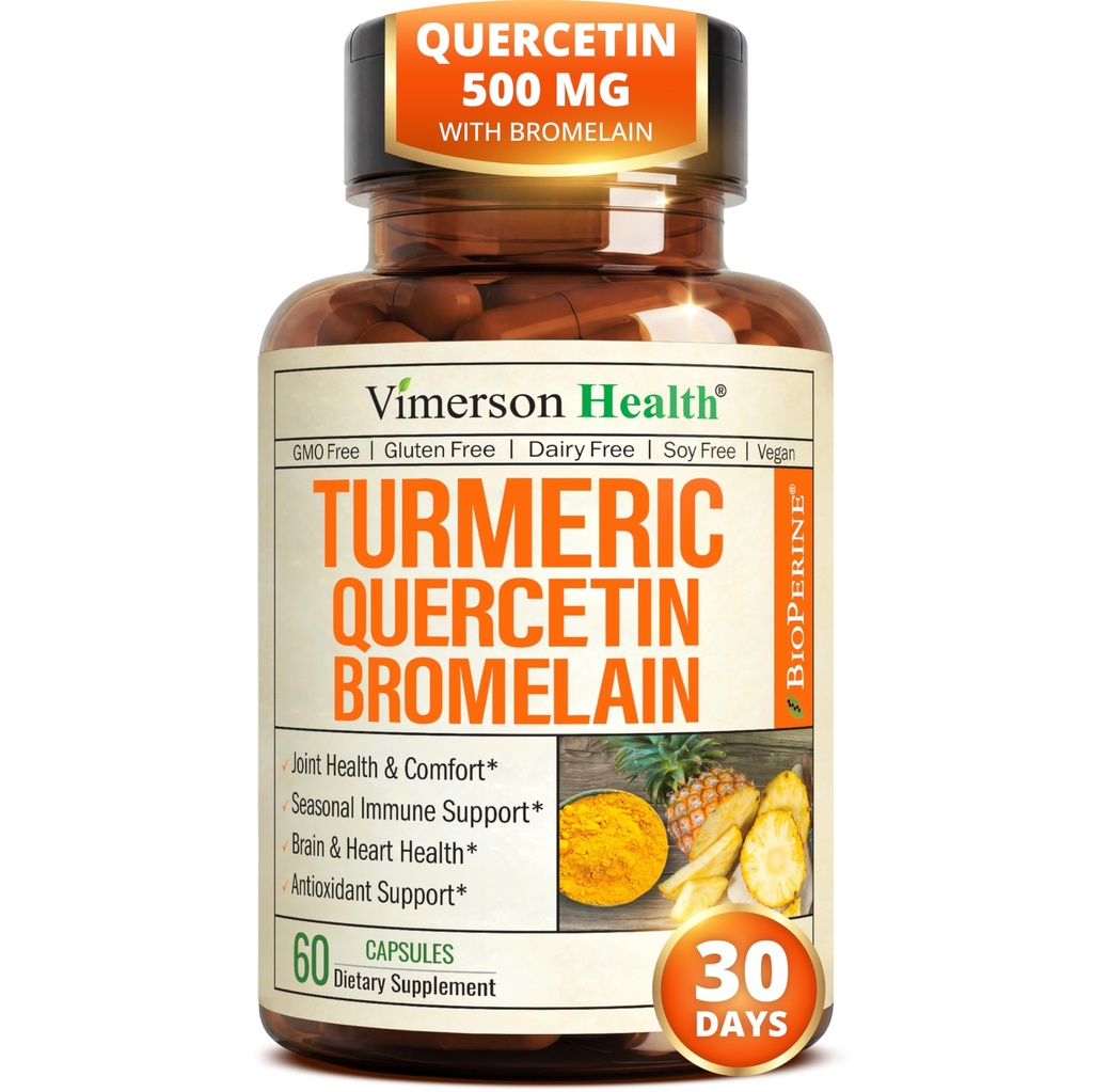 Quercetin avec supplément curcumin bromelain curcuma – Allergy Relief, Joint & Immune Support – Supplément curcuma biologique avec poivre noir (Bioperine) – 60 capsules Quercetin 500mg