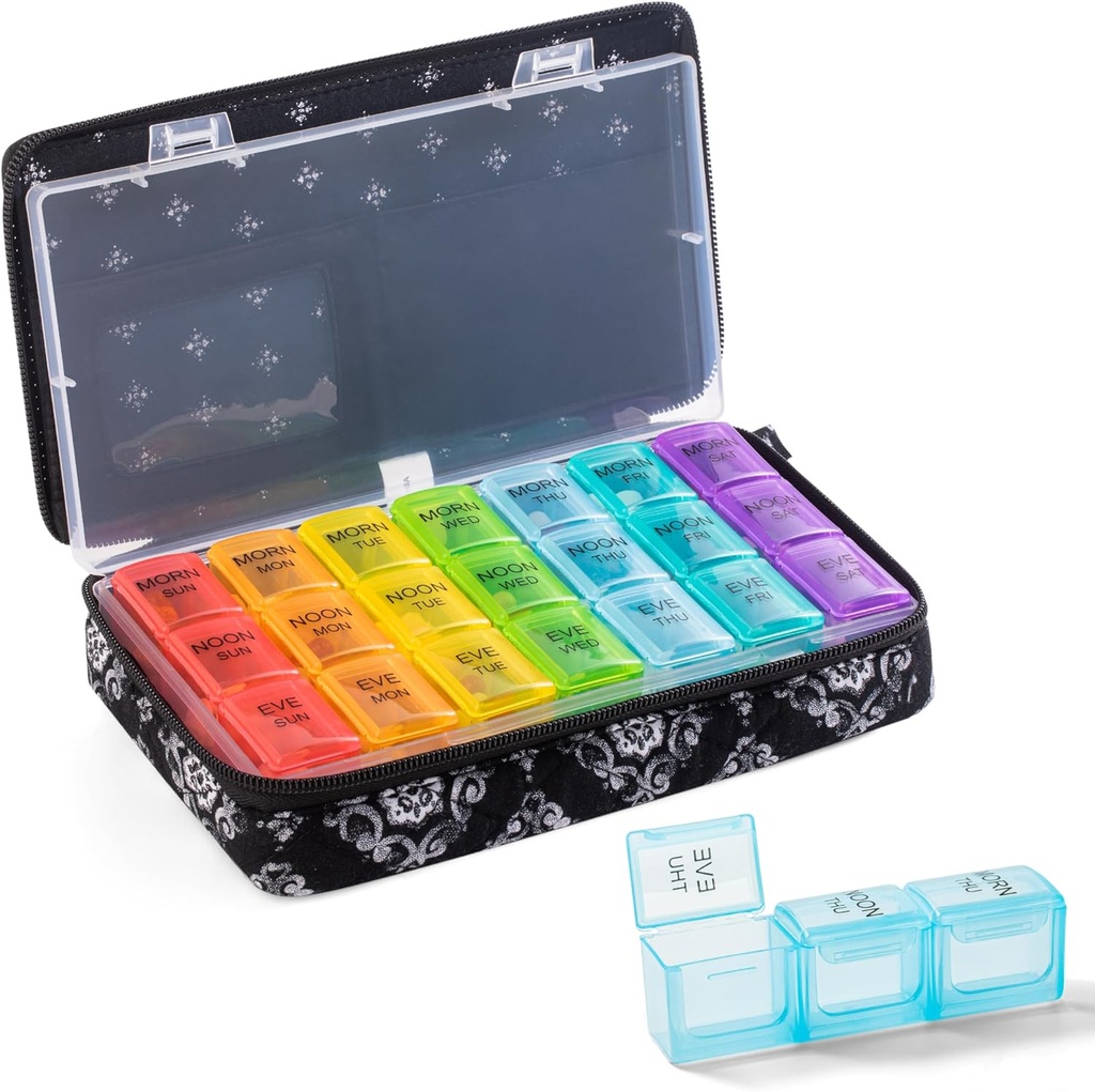 Wekelijkse pil Organisator 3 keer per dag - Pill Box 7 Dag 3 keer per dag met leuke gewatteerde stof Zipper Bag- Travel Pill Case 7 Dag 3 keer per dag voor Vitamine Medicine Organisator