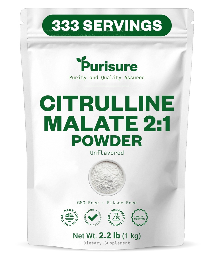 Purisure L Citrulline Malate 2:1 Poeder, 1 kg, supplement en nitraat voor kracht prestaties en energie, pre-workout L Arginine L Citrulline supplement poeder, 334 porties