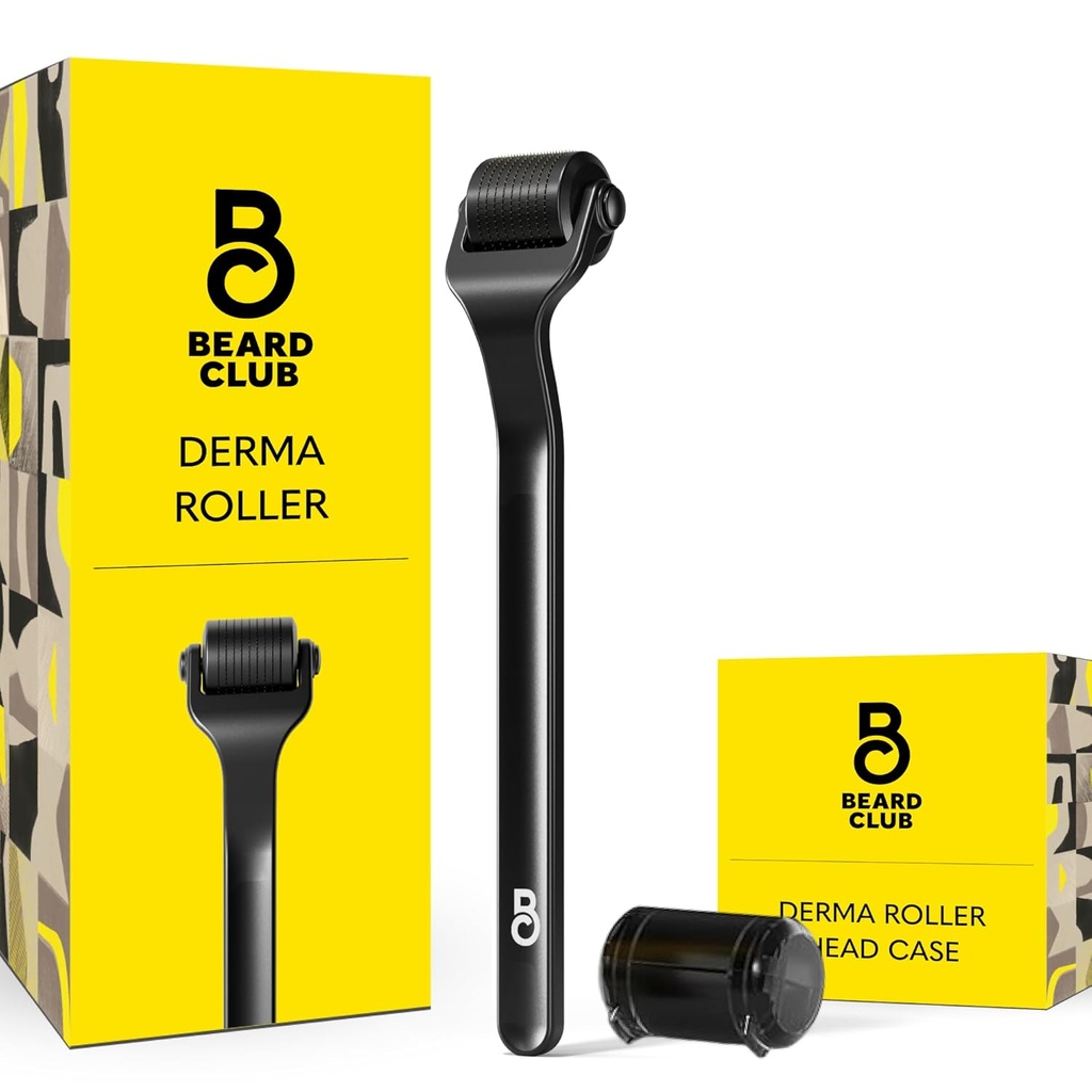 De Beard Club Premium Derma Roller voor Gezicht, Lichaam en Scalp - Microneedling Roller voor mannen en vrouwen met 540 Titanium Microneedles - voor haar en baard - Gewogen metalen handvat - magnetische opslag geval