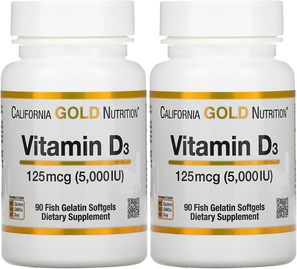 Vitamine D3 Supplement by California Gold Nutrition - Ondersteuning voor gezonde botten en tanden - Immuunsysteemondersteuning - Glutenvrij, niet-GMO - 125 mcg (5.000 IE) - 2 Pack of 90 Fish Gelatine Softgels Each