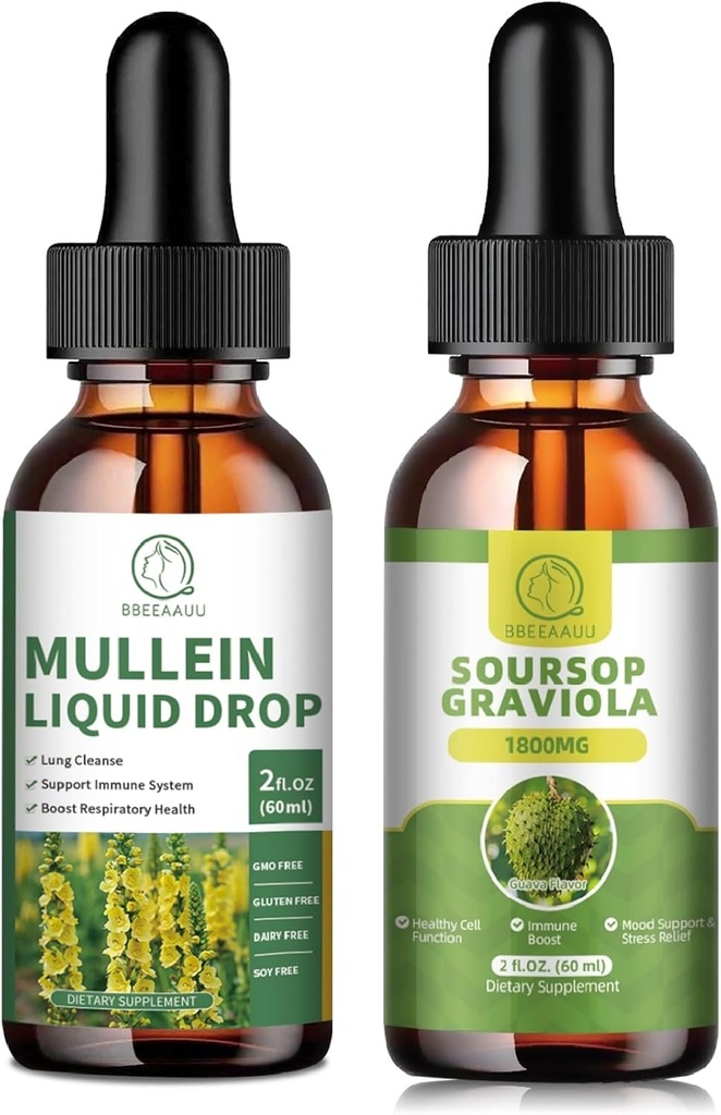 Mullein druppels voor de longen, Mullein Leaf Extract 1000MG voor Lung Cleanse & Soursop Graviola vloeibare druppels 1800mg, Sousop bladeren Extract voor celregeneratie