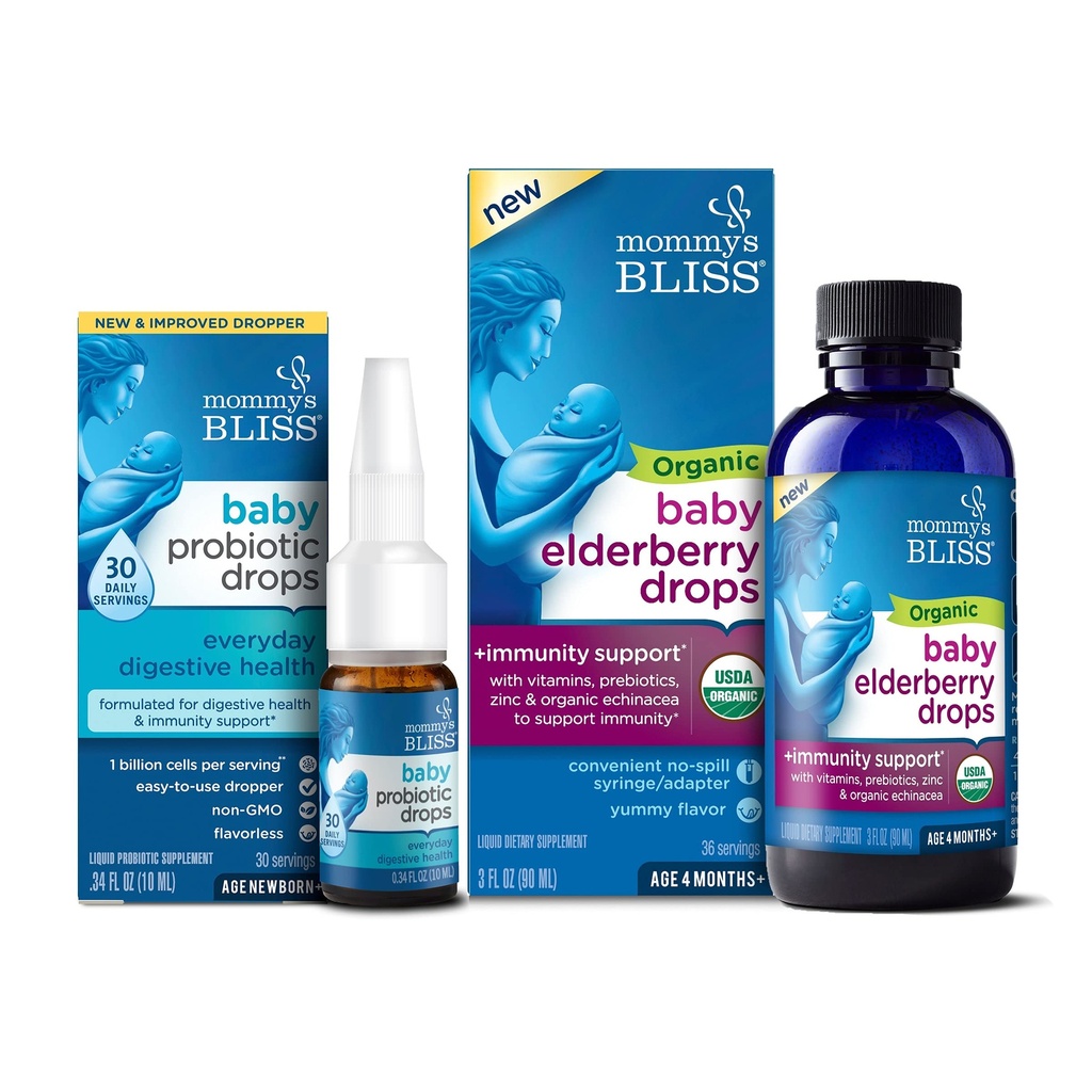 Mama's Gelukzaligheid Baby Probiotische Drops Everyday 30 Servings (Pack of 1) met Biologische Baby Vlierbes Drops 36 Serves (Pack of 1), Ondersteuning Baby's Immuniteit