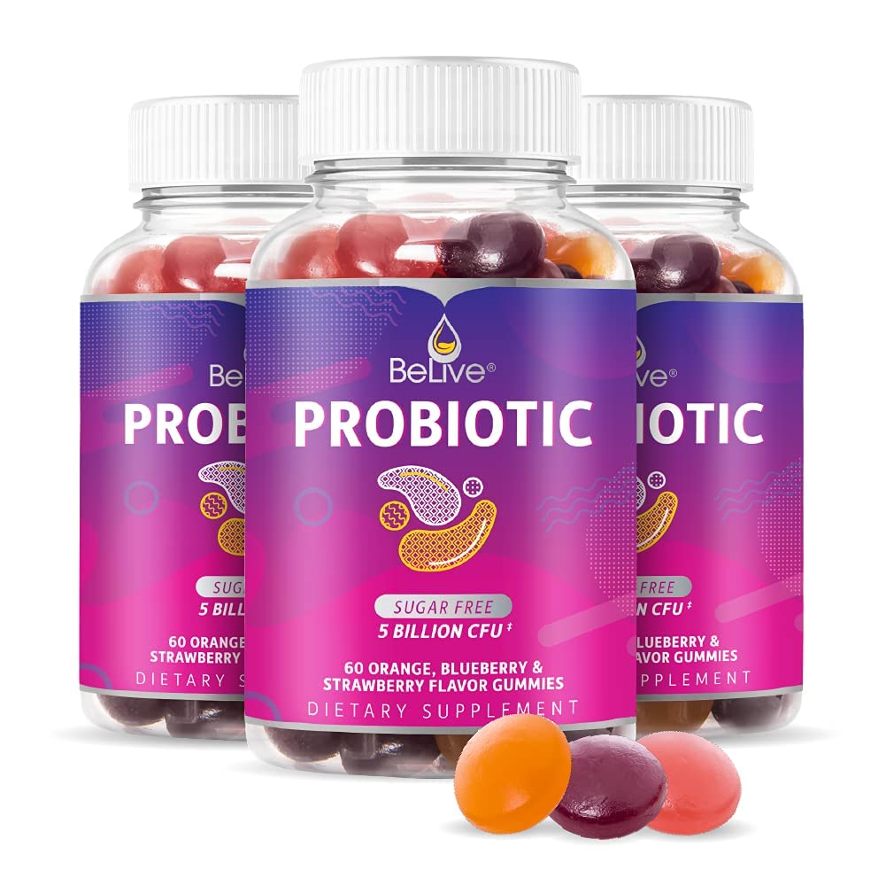Gommies probiotiques BeLive - Probiotiques avec 5 milliards d'UCF pour la santé digestive, hommes, femmes et enfants suppléments probiotiques pour le soutien immunitaire, sans sucre et végétalien – Blueberry, fraise et orange