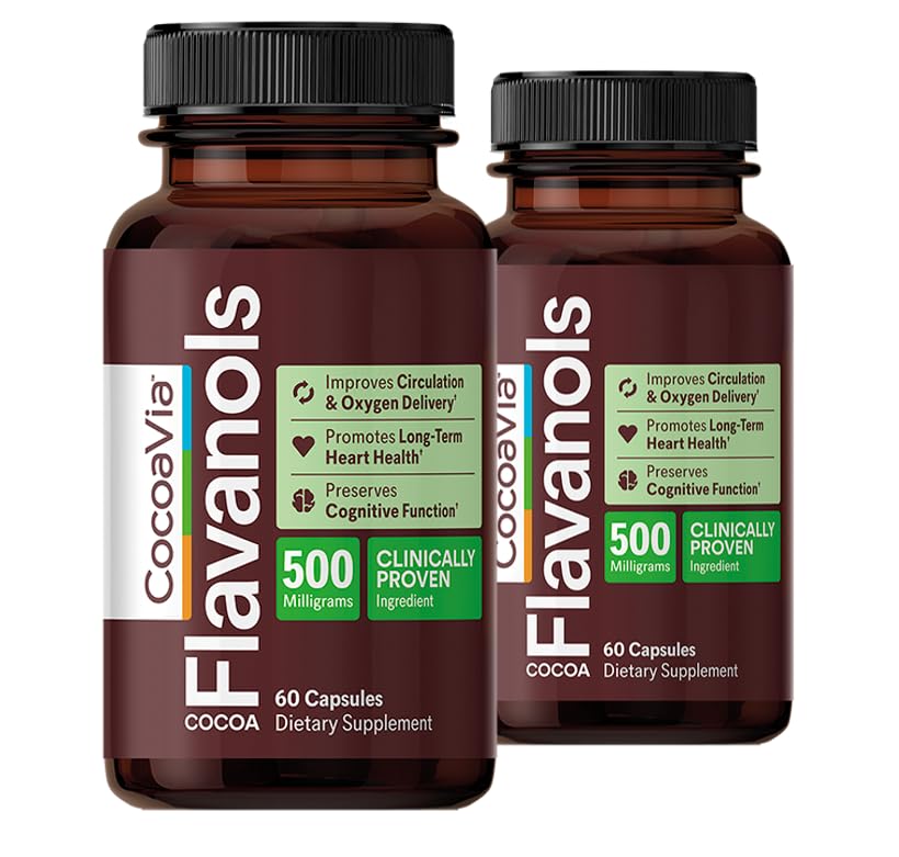 Supplément santé CocoaVia Cardio, 60 Jours, 500mg Cocoa Flavanols, Soutien Santé cardiaque, Boost Oxyde nitrique, Circulation sanguine, Énergie, Vegan, Chocolat foncé, 120 Capsules