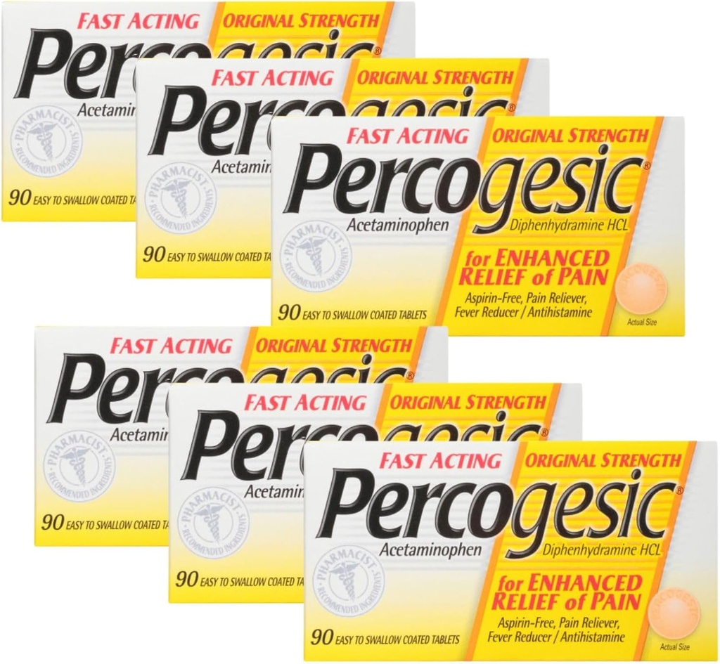 Comprimés de soulagement de la douleur sans aspirine percogesique, résistance originale, acétaminophène et diphenhydramine, 90 ct (paquet de 6)