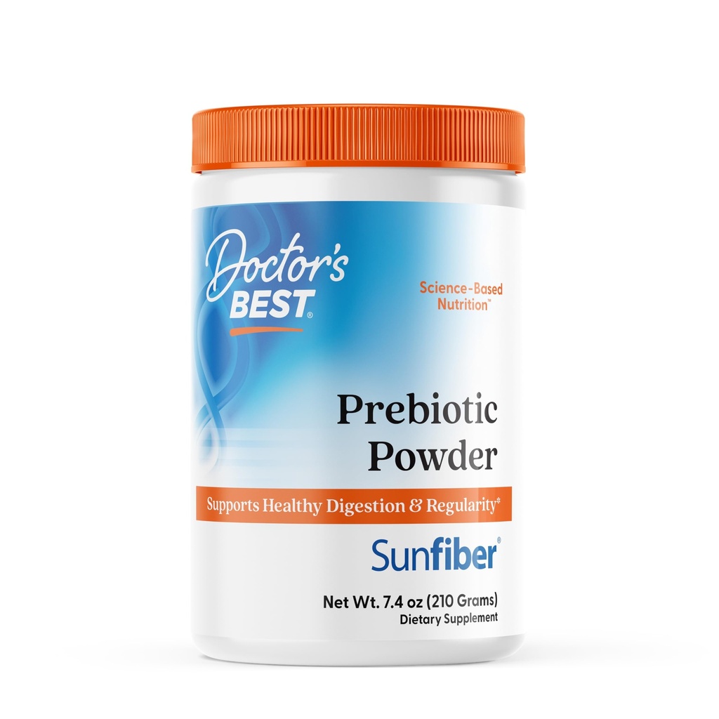 Doctor's Best Prebiotic Fiber Powder with Sunfiber, Ondersteunt gezonde spijsvertering & Regularity, Non-GMO, Glutenvrij, Sojavrij, Veganistisch, Ongearomatiseerd, Niet-Gritty, Gemakkelijk Oplossen Net Wt. 7,4 oz (210 Gram)