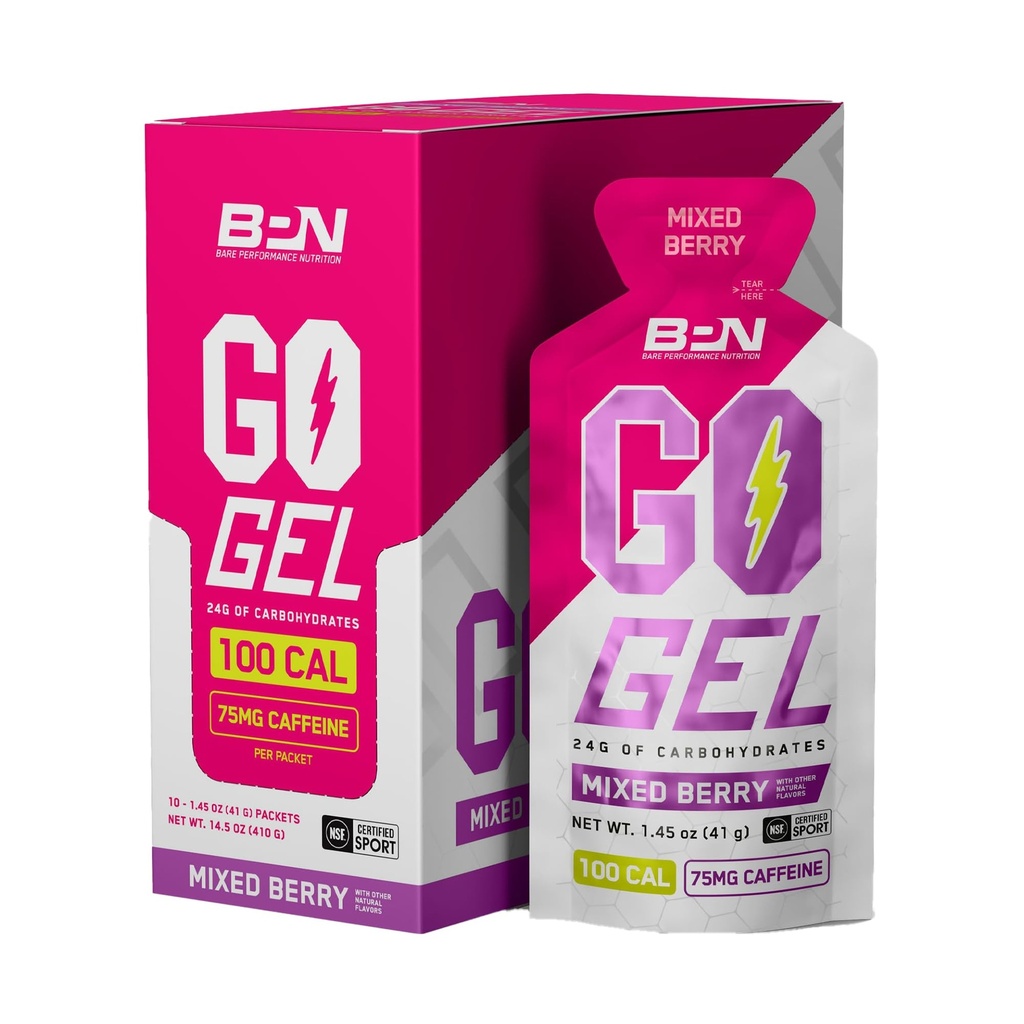 BARE PERFORMANCE NUTRITION, BPN Go Gel Endurance, 24g Koolhydraten & 100 Calorieën per verpakking, Veganistisch + Glutenvrije loopgel, 10 enkelvoudig servende verpakkingen, cafeïnehoudende gemengde bessen