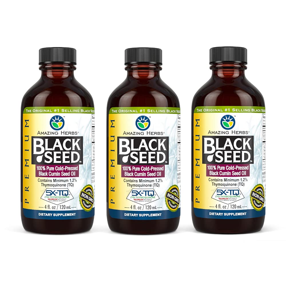 Verbazingwekkende kruiden Premium Black Seed Oil - Glutenvrije, niet GGO, koud geperste Nigella Sativa Aids in Digestieve Gezondheid, Immune Support, Hersenfunctie - 4 Fl Oz (pakket van 3)