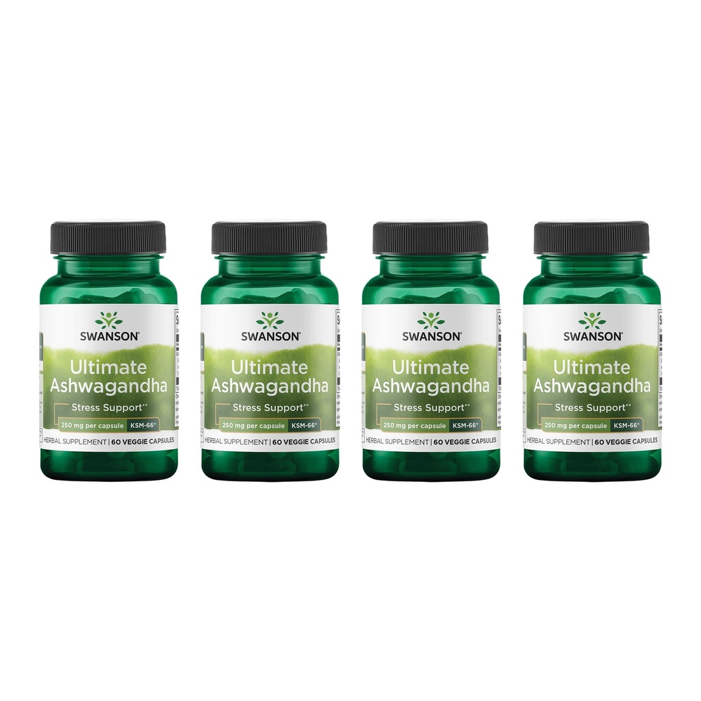 Swanson Ultimate Ashwagandha KSM-66 - Supplément à base de plantes pour soutenir des niveaux de stress et de relaxation sains - Formule naturelle pour promouvoir un mental calme et détendu - (60 Capsules de Veggie, 250mg chacune) (4 Pack)