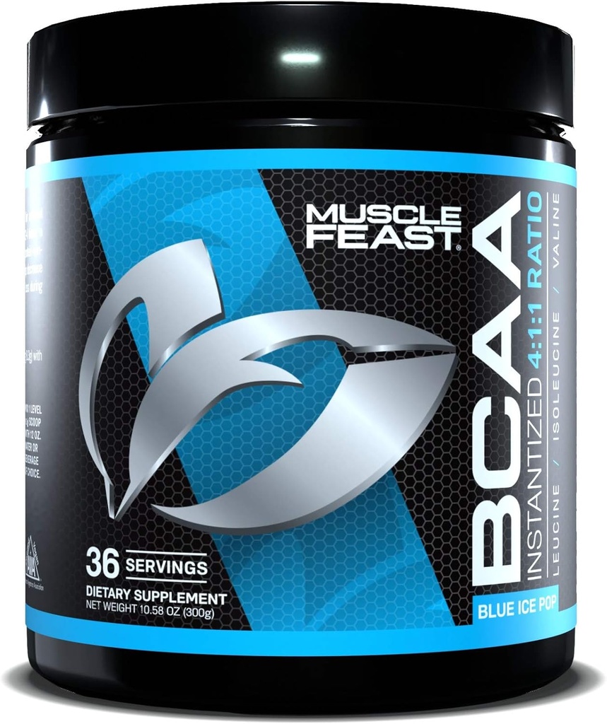 Muscle Feast Vegan BCAA Poeder 4:1:1 Ratio Keto Friendly Sugar Free Post Workout Herstel, Blue Ice Pop, 300g