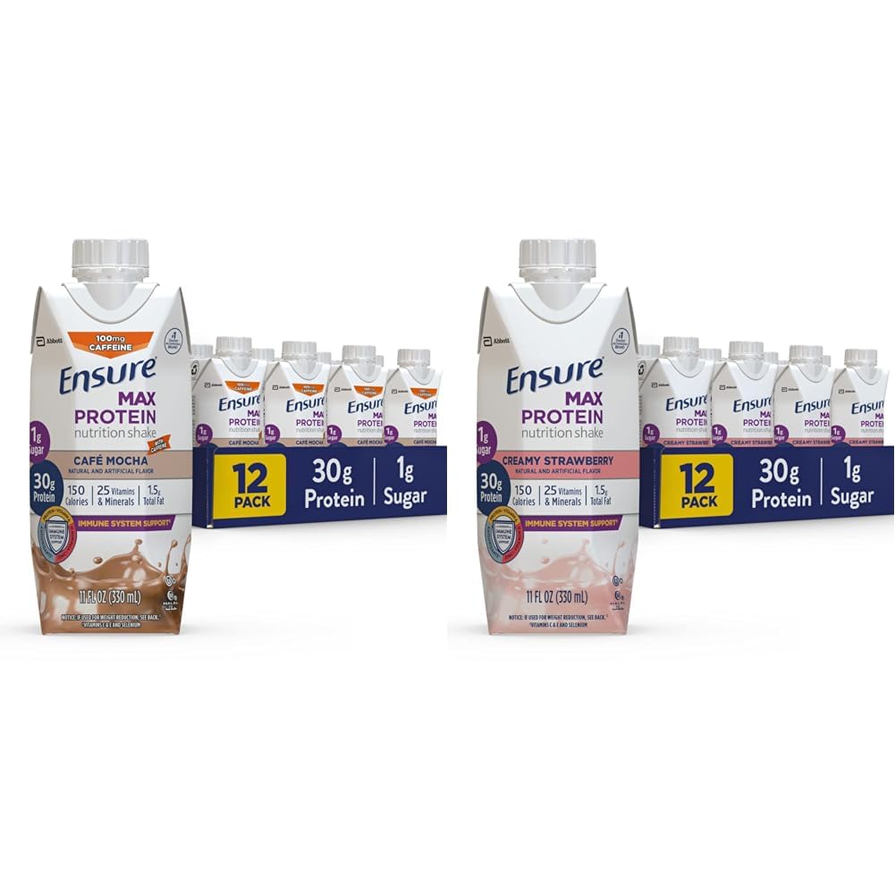 Ensure Max Protein Liquid Nutritional Shake with 30g of Protein & Max Protein Nutrition Shake with 30g of Protein, 1g of Sugar, High Protein Shake, Creamy Strawberry, 11 fl oz, (Pack of 12)