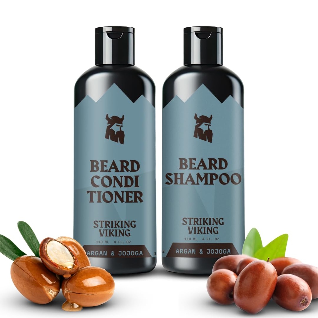 Ensemble de shampooing et de revitalisant Viking Strikeing – 4 Fl Oz chaque, parfum de masculine fraîche - laver et revitalisant pour les hommes - nettoie et adoucit, avec huile d'argan et de jojoba - sans sulfate et sans parabène