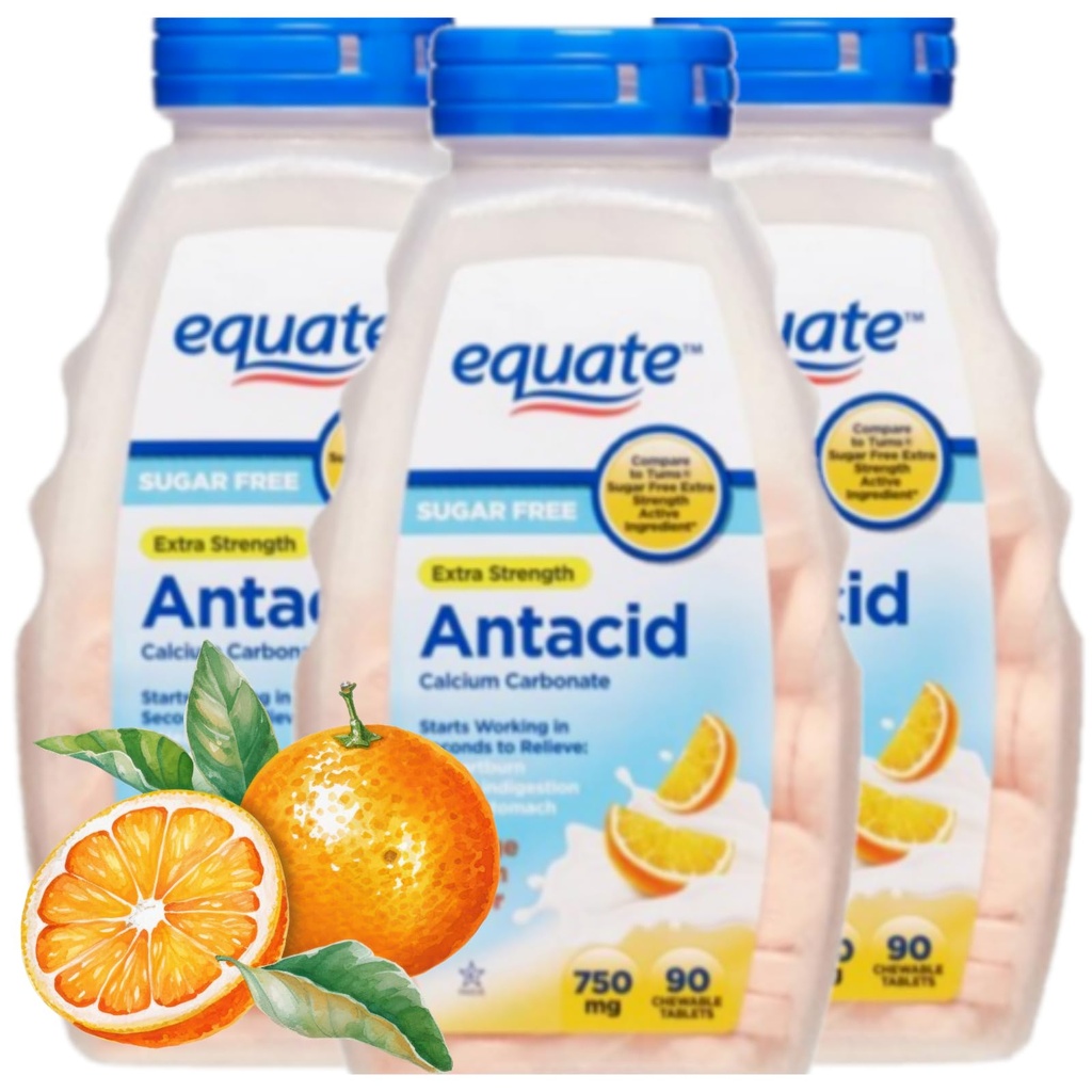 Antacida tabletten Suikervrije extra sterkte, Oranje Creme, Calcium Carbonaat 750 mg, 90 Tellen Elk (verpakking van 3)