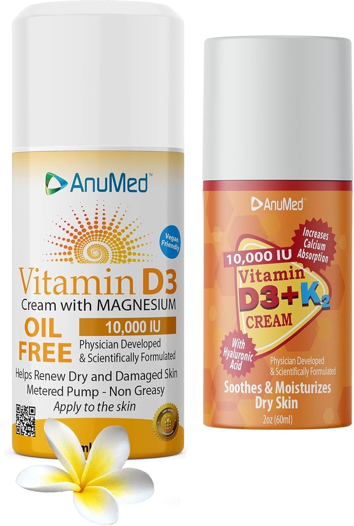 ANUMED Bundle Natural Cream with Vitamine (D3 10.000 IE Oil-Free) + (D3 with K2 10.000 IE Travel Size 2oz) Krachtige ingrediënten met Hyaluronzuur, Magnesium, Vitamine E, Zink, Vitamine B3. Non-GMO
