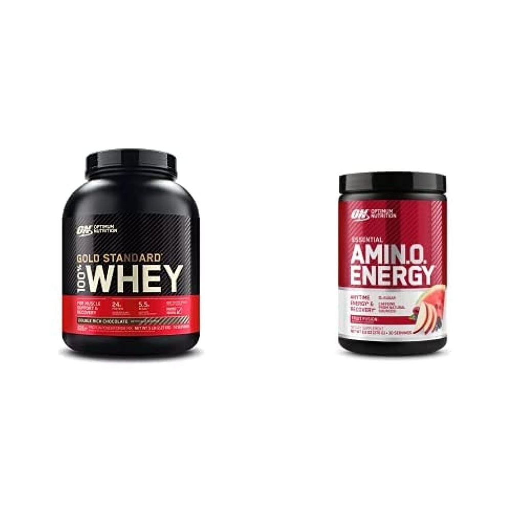 ON Gold Standard 100% Wei proteïne primaire bron isolaat - Dubbele Rijke Chocolade 74 Servers + ON Amino Energy - BCAA, Aminozuren, Keto vriendelijk, Green Coffee Extract- Fruitfusie, 30 porties