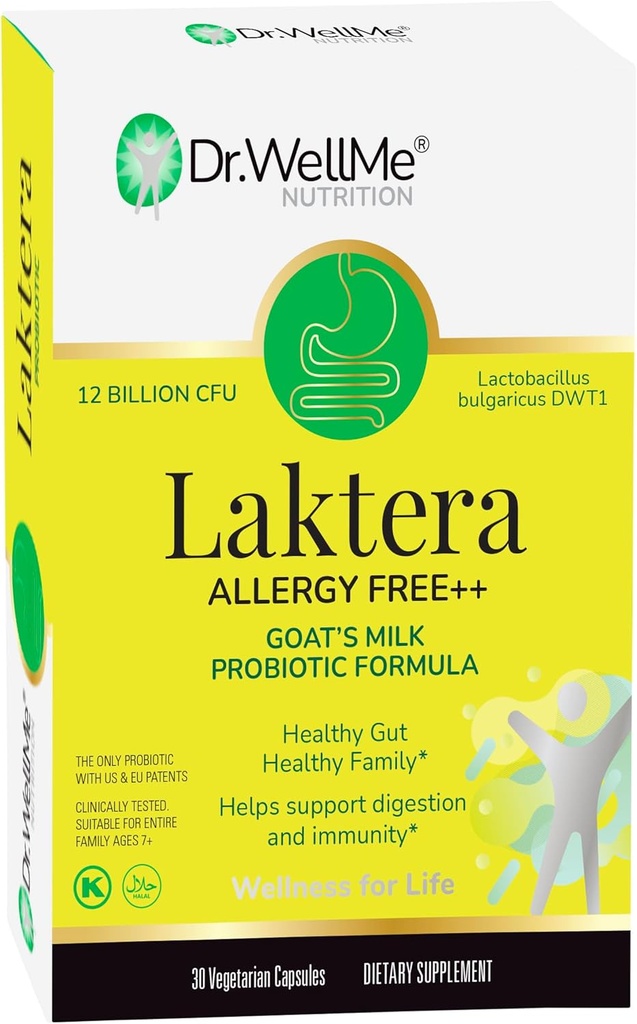 Dr. WellMe Laktera Probiotiques sans allergène – 30 capsules, 12B CFU Chèvre de lait formule probiotique, immunitaire et suppléments de santé Gut – faible lactose, sans gluten pour les adultes et 7+ Enfants