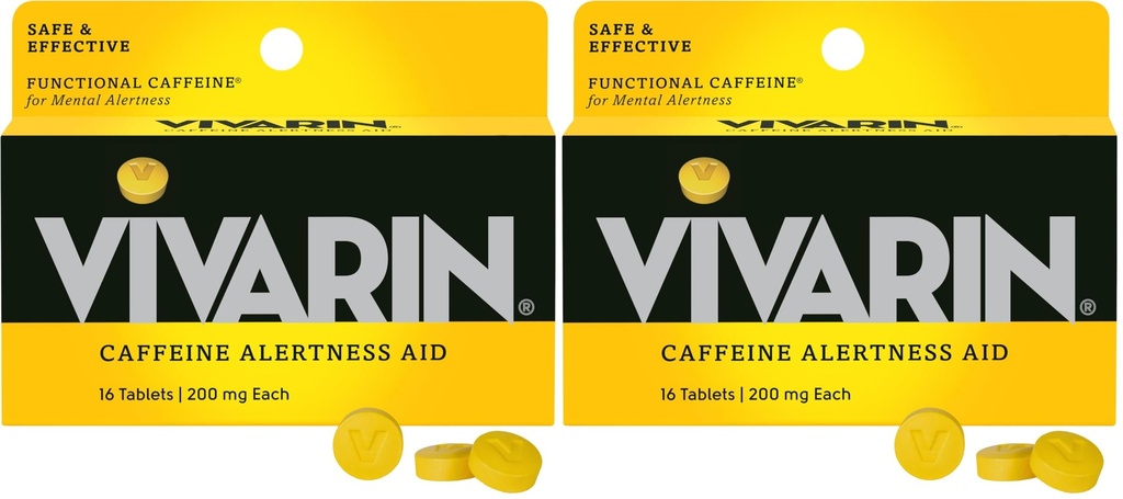Vivarin, Cafeïne Pillen, 200mg Cafeïne per dosis, veilig en effectief helpt u wakker te blijven, Geen suiker, Calorieën of Verborgen Ingrediënten, Energiesupplement, 16 tabletten (verpakking van 2)