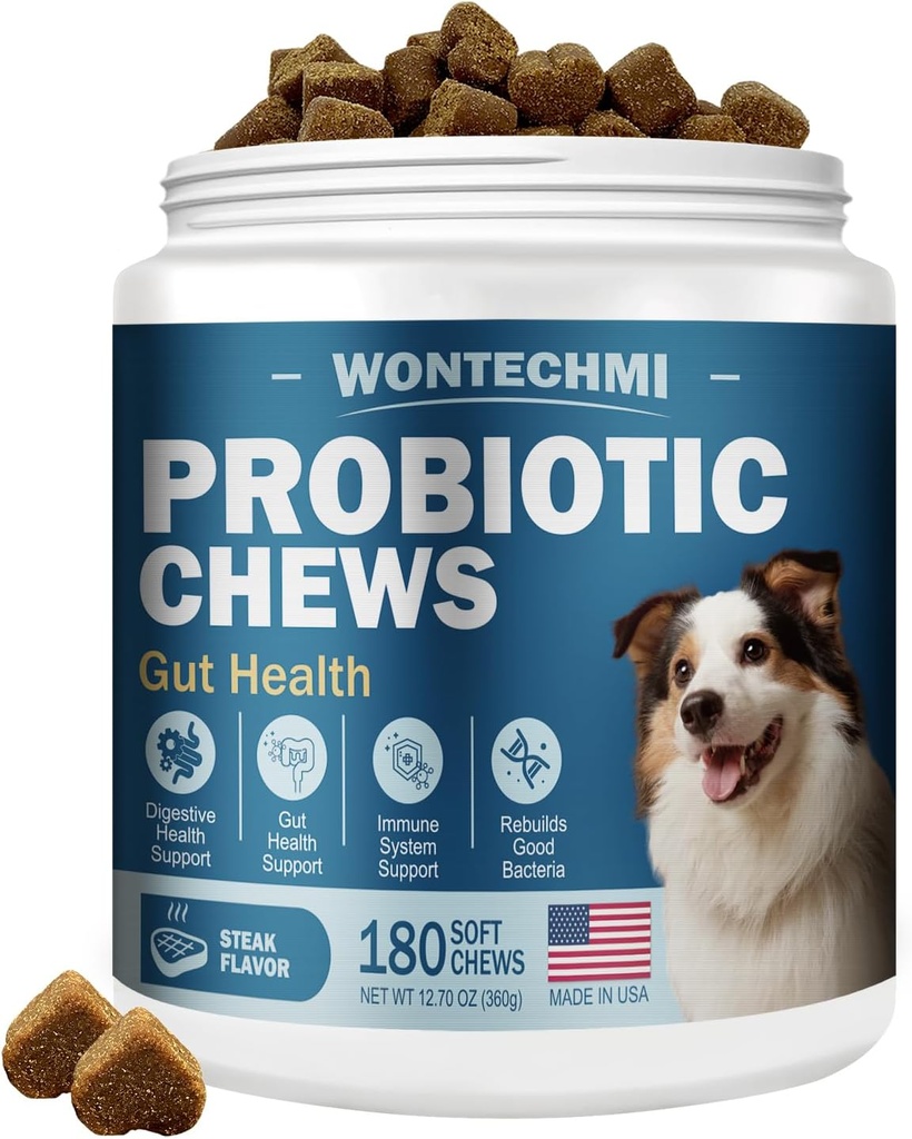 Probiotica voor honden, verbeteren Itchy huid jeukende oren, Gut Health, Gist Balance, Allergieën, Immuniteit, Hondenprobiotica en spijsverteringsenzymen met prebiotica, verminderen diarree (180 Kauwen, Steak)