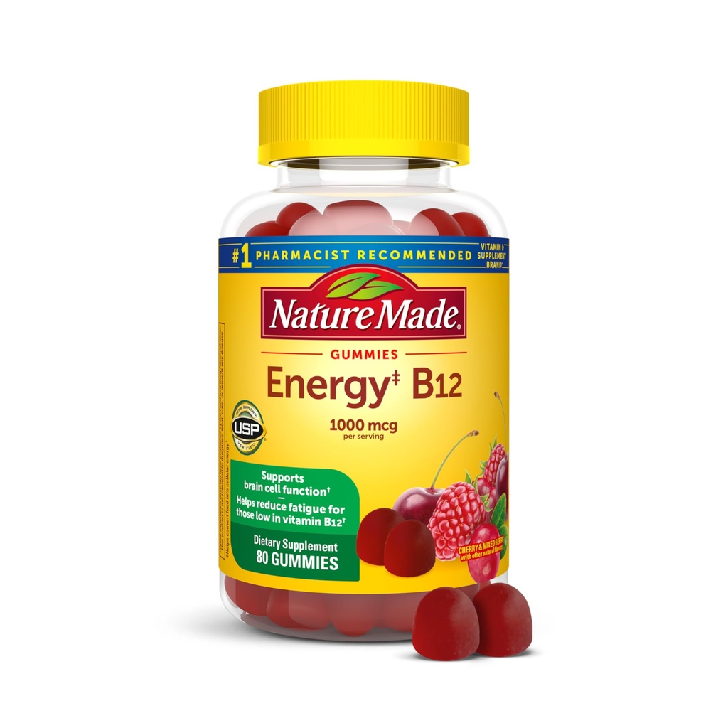 Nature Made Energy B12 1000 mcg, Dieetsupplement voor Energie Metabolisme Ondersteuning, 80 Gummies, 40 Day Supply Verpakking kan variëren