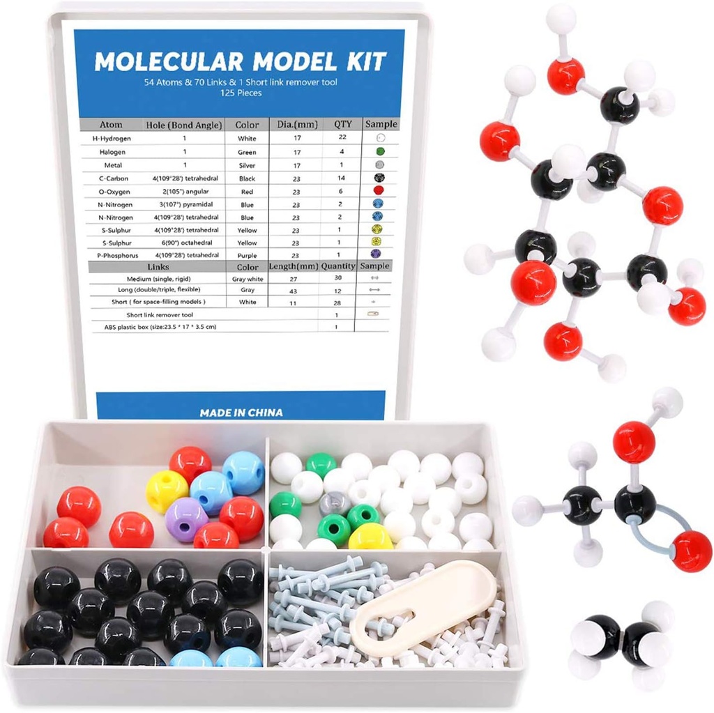 Swpeet 125 Stuks Moleculaire Model Kit voor Anorganisch en Organisch Moleculaire Model Leraar en 16 Jaar en Over Student Kit - 54 Atoms & 70 Links & 1 Short Link Remover Tool - Wetenschap Speelgoed