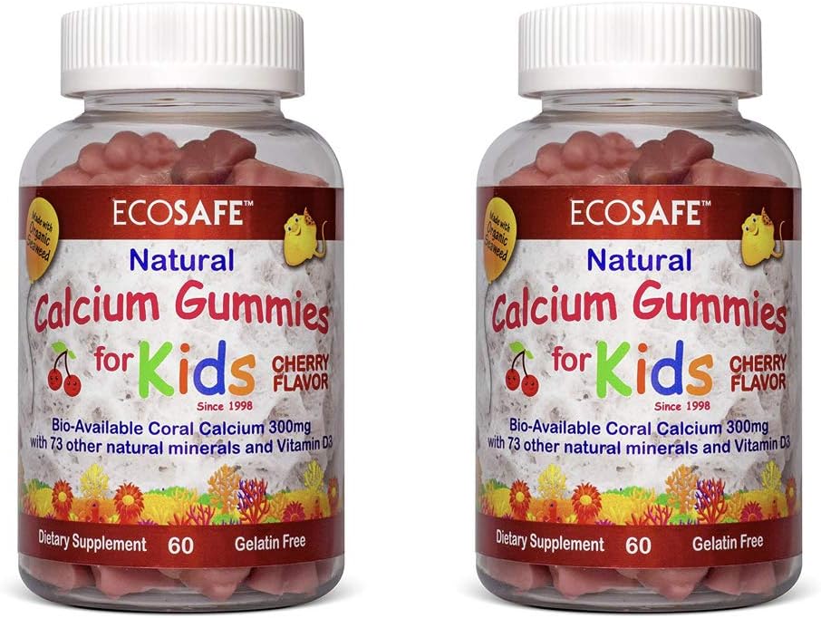 Calcium corallien Vitamine D3 Gummy pour enfants, saveur de cerise naturelle, non OGM, sans gluten, sans lait, sans soja et sans gélatine - 300 mg de calcium et 800 UI de vitamine D3-60 Gummies (1 paquet)